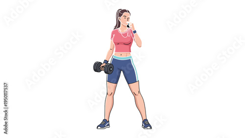 Sweaty Workout Woman: A determined woman takes a brief pause during a strenuous weightlifting session, a bead of sweat glistening on her brow as she readies herself for the next rep.