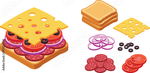 Isometric sandwich maker set with bread slices, cheese, salami, and fresh vegetable ingredients vector illustration,