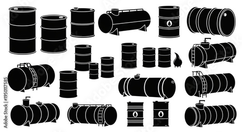 Collection of Black Silhouetted Oil Drums and Storage Tanks.