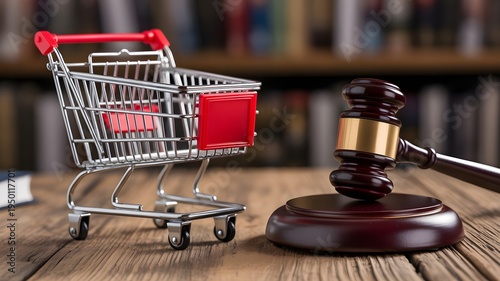 Miniature metal shopping cart beside a wooden judge gavel on a rustic desk representing consumer protection laws retail litigation and fair trade practices within a blurred law library background