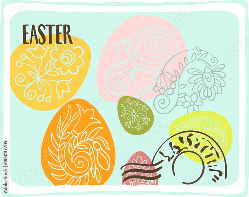 Happy Easter - a cute stamp-style card designed in a modern style with folkloric elements. Flat digital illustration of Easter scenes.
