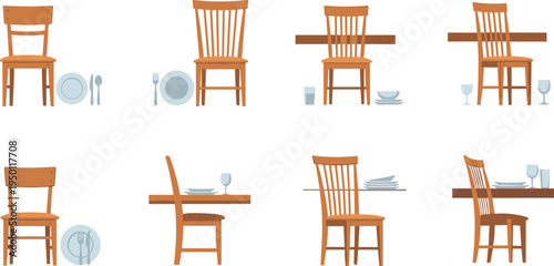 Wooden Dining Chairs with Table Settings and Tableware for Elegant Dining Room Illustration