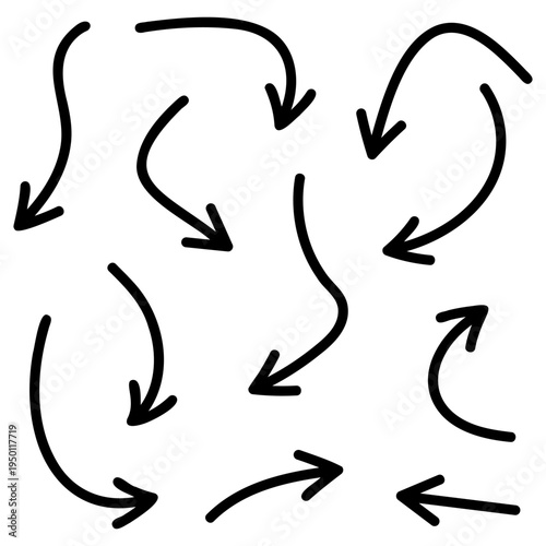 Hand drawn curved arrow doodle collection black sketch directional arrows set
