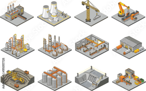 Isometric industrial set with nuclear power plant, factory production line, warehouse, and heavy mining machinery,