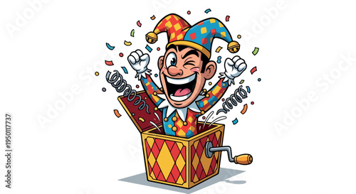 A colorful cartoon jester emerges from a jack-in-the-box with confetti on a white background with a playful mood.