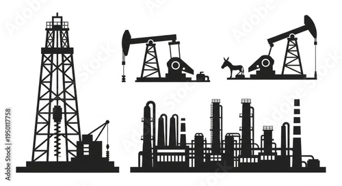 Silhouette of Oil and Gas Industry Infrastructure - Towers, Pumps, and Refinery.