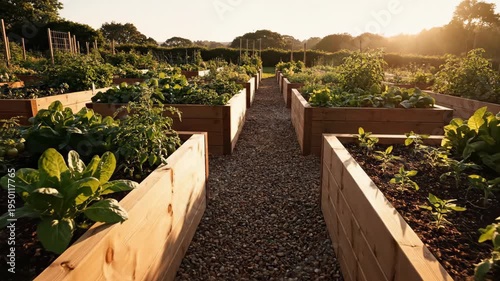 This video presents an abstract overview of tidy wooden garden beds arranged in precise alignment, permaculture concept, homegrown produce theme, and minimalist outdoor lifestyle backdrop.