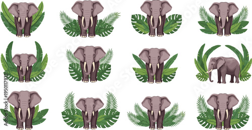 Obraz na płótnie Illustration of Elephants Surrounded by Tropical Green Leaves in Nature-Inspired