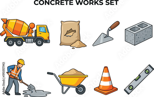 Concrete works set with mixer truck, worker, tools, and masonry equipment icons vector illustration,