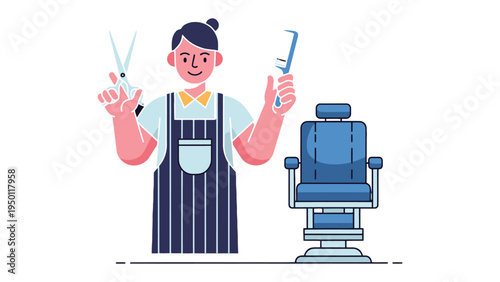 Barber's Tools and Chair: An illustration of a skilled barber stands ready, holding scissors and a comb near a vintage barber chair, symbolizing the art of grooming.