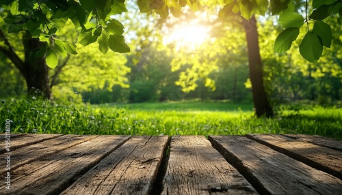 Serene Spring Scene Featuring Rustic Wooden Table Surrounded by Lush Greenery and Sunlit Nature