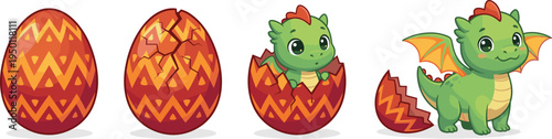 Cute cartoon baby dragon hatching from patterned egg sequence, fantasy character life cycle vector illustration,