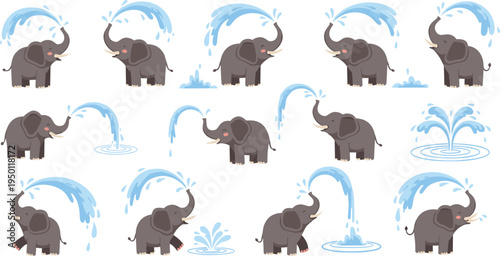 Cute Cartoon Elephants Splashing Water in Playful Fun and Nature-Inspired Illustration