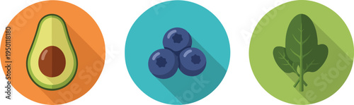 Avocado, blueberries, and spinach icons for healthy food concepts