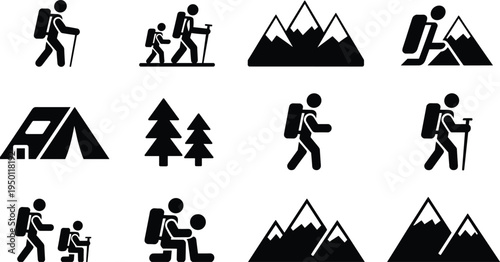 Hiking and camping silhouette icons set, mountain climbing vector illustration, backpacker trekking in nature, outdoor adventure symbols, forest landscape, wilderness activities, exploration