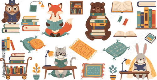 Cute woodland animals reading books in cozy library scene with fox, bear, owl, rabbit and cat flat vector illustration set