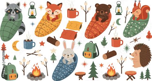 Cute woodland animals camping set with sleeping bags, campfire, lantern, trees and forest elements flat vector illustration collection