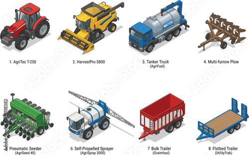 Isometric agricultural machinery set, tractor harvester and farm equipment for modern smart farming vector illustration collection