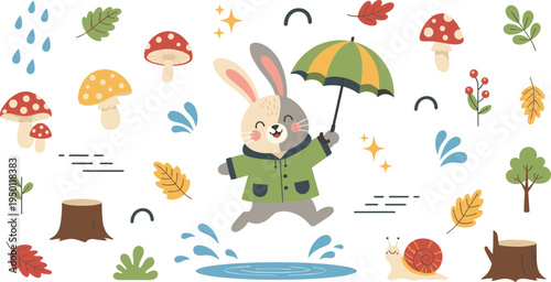 Cute cartoon rabbit jumping in rainy autumn forest with umbrella, mushrooms, leaves, puddle splashes, and woodland animals flat vector illustration