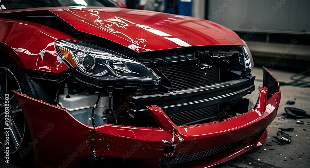 Fototapeta premium Damaged red car front end after road accident collision in professional auto repair workshop maintenance garage