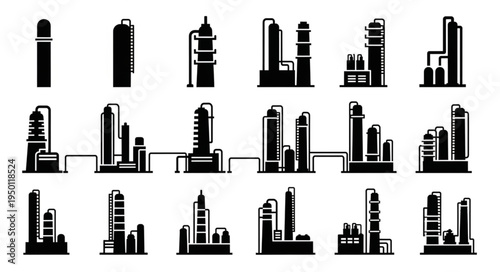 Silhouette Illustrations of Industrial Refinery Plants and Structures.