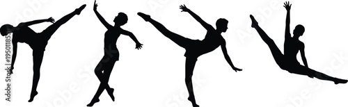 Set of black silhouettes of graceful female ballet dancers performing elegant poses, rhythmic gymnastics and modern dance moves isolated on white background