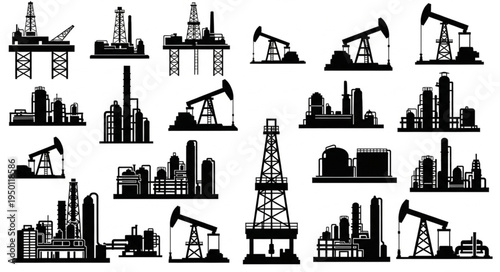 Silhouetted Oil and Gas Industry Infrastructure - A Collection of Rigs and Refineries.