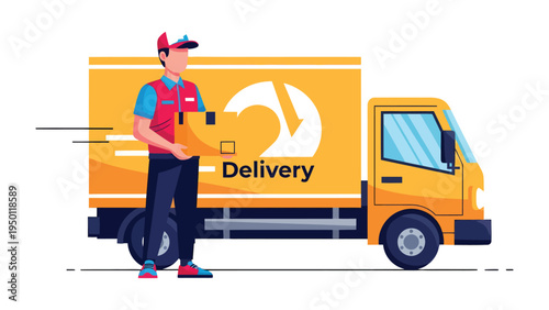 Speedy Delivery: A dedicated delivery man stands beside a vibrant yellow delivery truck. Clutching a package with care, he is ready to transport goods with efficiency and speed.