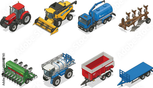 Isometric municipal and service vehicles set, public works trucks and emergency service transport vector illustration collection