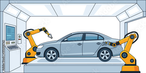Automated car factory assembly line, vehicle production process with robotic arms and digital control vector illustration