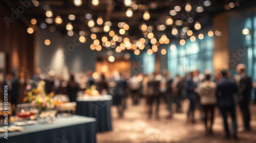 A blurry event hall filled with people standing near tables with appetizers and drinks, illuminated by numerous overhead warm lights.
