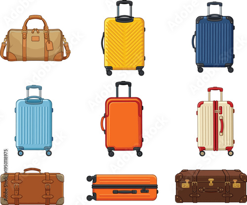 Travel luggage and suitcase set, modern hard shell spinner bags and vintage leather trunks vector illustration