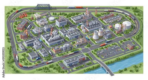 Detailed Illustration of a Large Industrial Complex with Train Tracks.