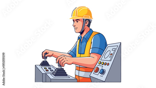 Engineer in Action: A skilled engineer, clad in a hard hat and safety vest, operates a control panel.  His focused expression and precise movements showcase expertise in his field.