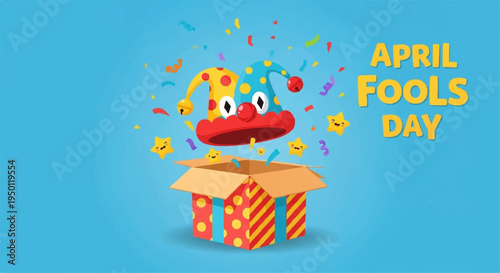 Playful clown face emerges from colorful gift box on april fools day with confetti