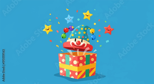 Colorful wrapped gift box with confetti and stars exploding on blue background for celebration
