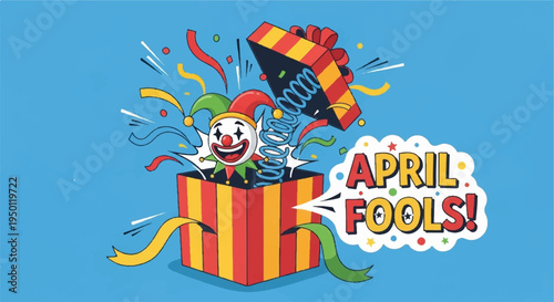 Jester emerges from colorful gift box with confetti on blue background celebrating april fools' day with joyful expression