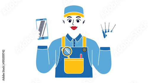 Tech Repairer's Toolkit: A tech repair expert, tools in hand, stands ready to bring technology back to life, surrounded by the essential elements of device repair.