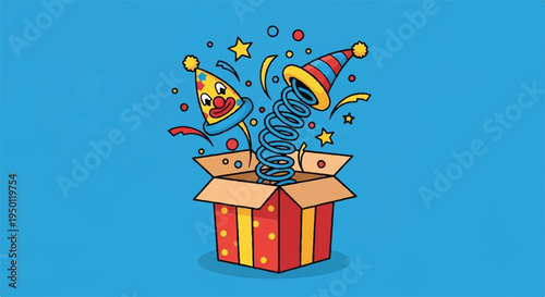 Surprised gift box with colorful confetti and party hat popping out on blue background symbolizing joy and celebration