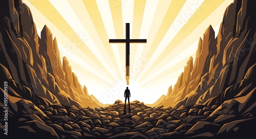 Man Standing Before a Radiant Cross in a Rocky Valley.