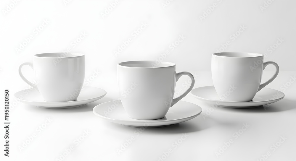 Fototapeta premium Three white ceramic coffee cups on saucers