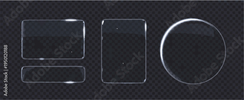 Set of transparent glass UI elements on a dark checkered background interface