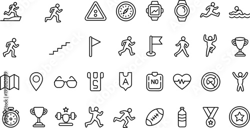 Running sport line icon set with athlete, marathon race, stopwatch, fitness tracker, trophy, health symbols flat vector illustration
