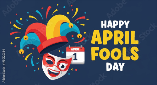 Jester's happy april fools' day celebration with colorful confetti and calendar