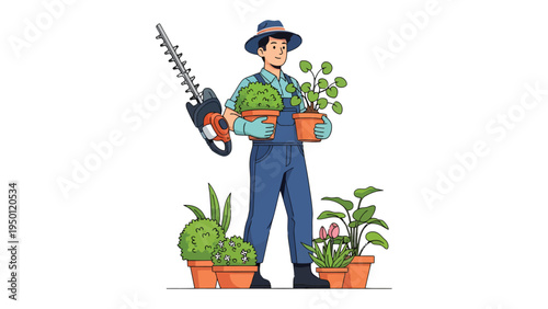Gardener's Green Realm: A skilled gardener, adorned in attire suitable for the task, expertly tends to a vibrant collection of plants and hedges, showcasing their passion for cultivating life.