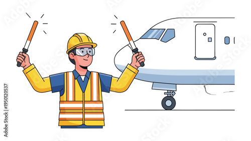 Guiding Light at the Airport: An airport ground crew member directs an aircraft on the tarmac, using illuminated wands to guide the plane with precision. Emphasizing the teamwork, service.