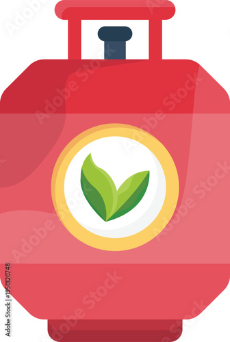  A red gas can featuring a green leaf design, symbolizing eco-friendliness or alternative fuel options.