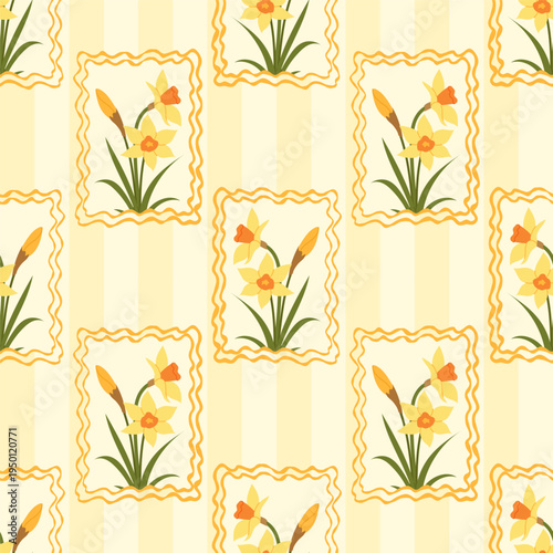Vintage pattern with yellow spring flowers in decorative frames on striped background. Elegant seamlessfloral design for fabric, packaging and wallpaper.