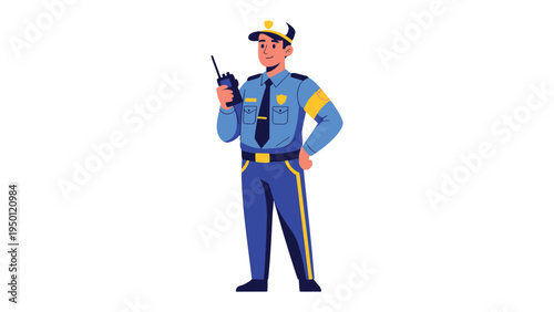 Guardian of the Peace: An officer of the law stands tall, holding a radio and projecting an air of authority and security. Depicting a sense of safety and community trust.