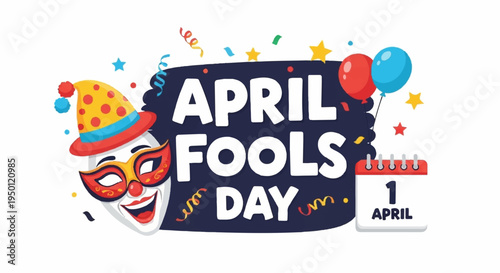 Colorful april fools day banner with jester hat and balloons on white background